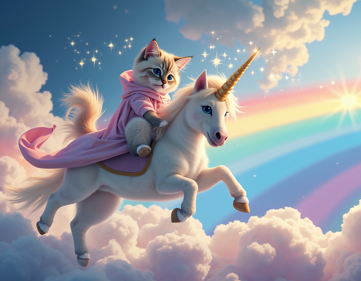 Cat rides a magical unicorn galloping across a rainbow, surrounded by glittering stars and fluffy clouds. The unicorn’s glowing horn creates a dreamy atmosphere.